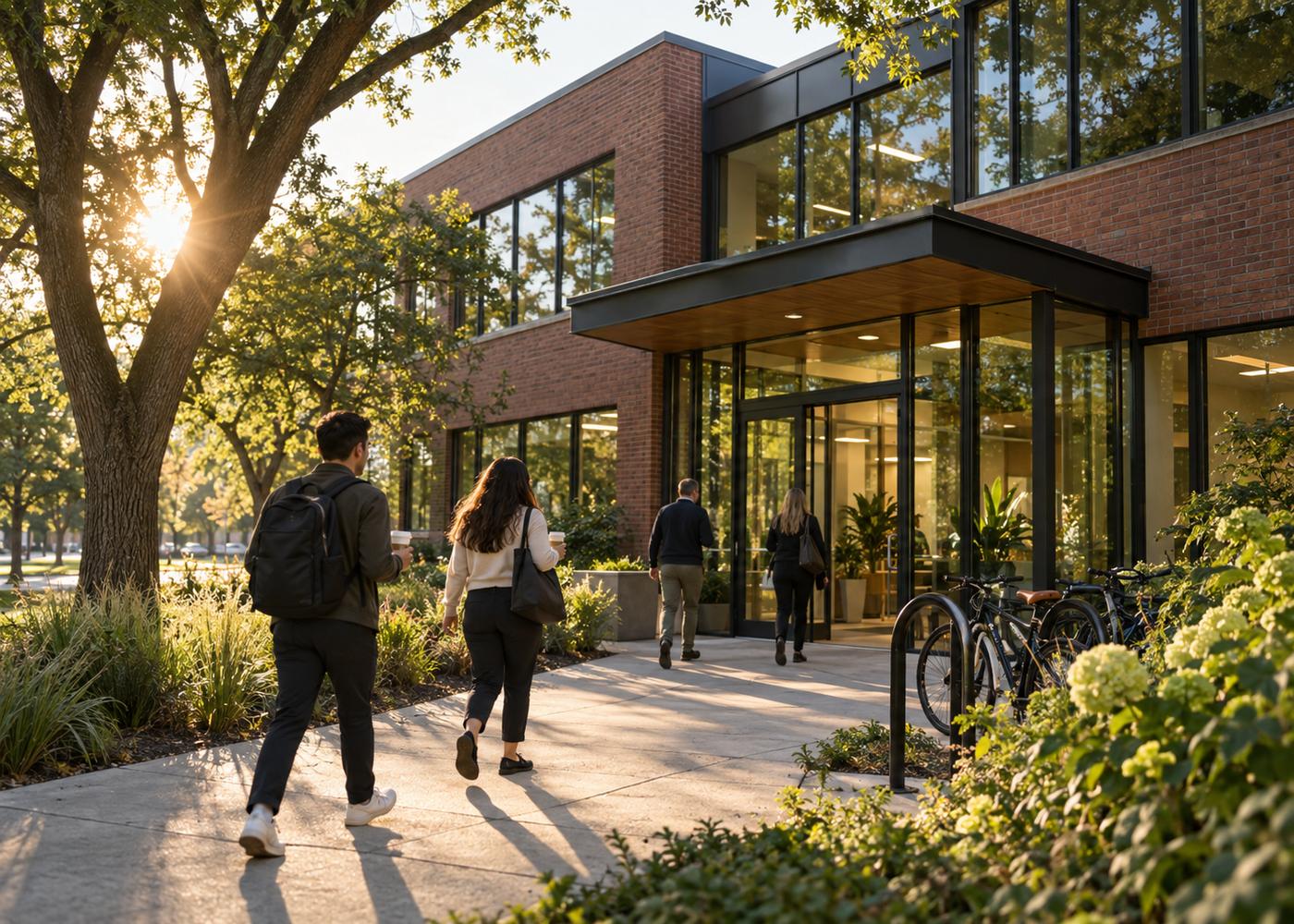 A low brick and glass lab building among mature trees beside a parkway in Minneapolis, early morning light