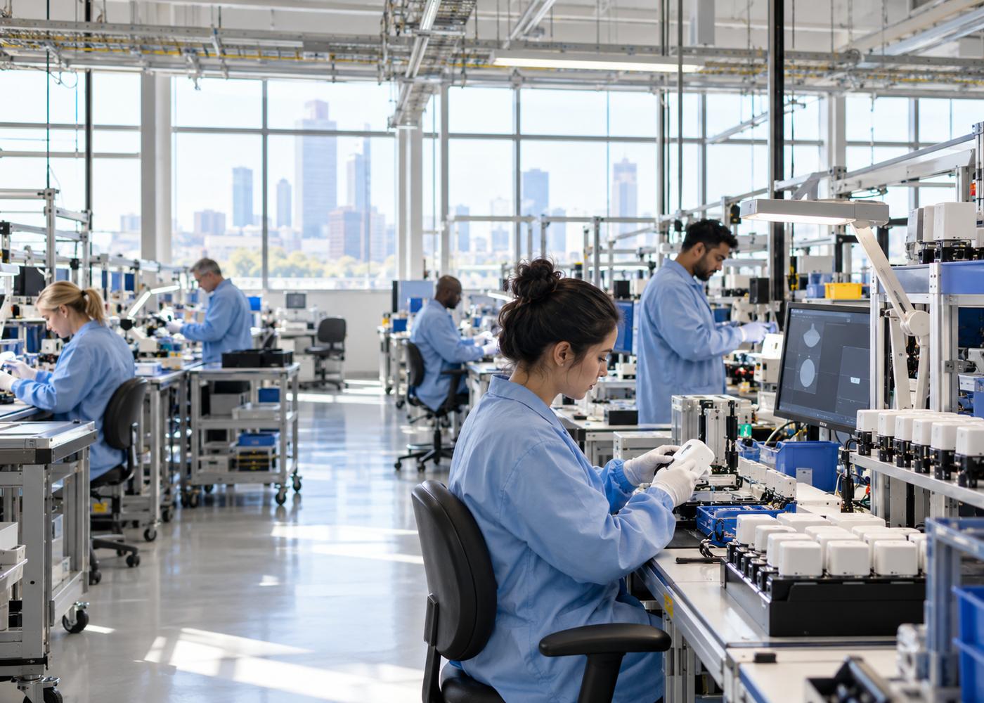 A bright, organized production and test floor with technicians at workstations and devices on racks, large windows