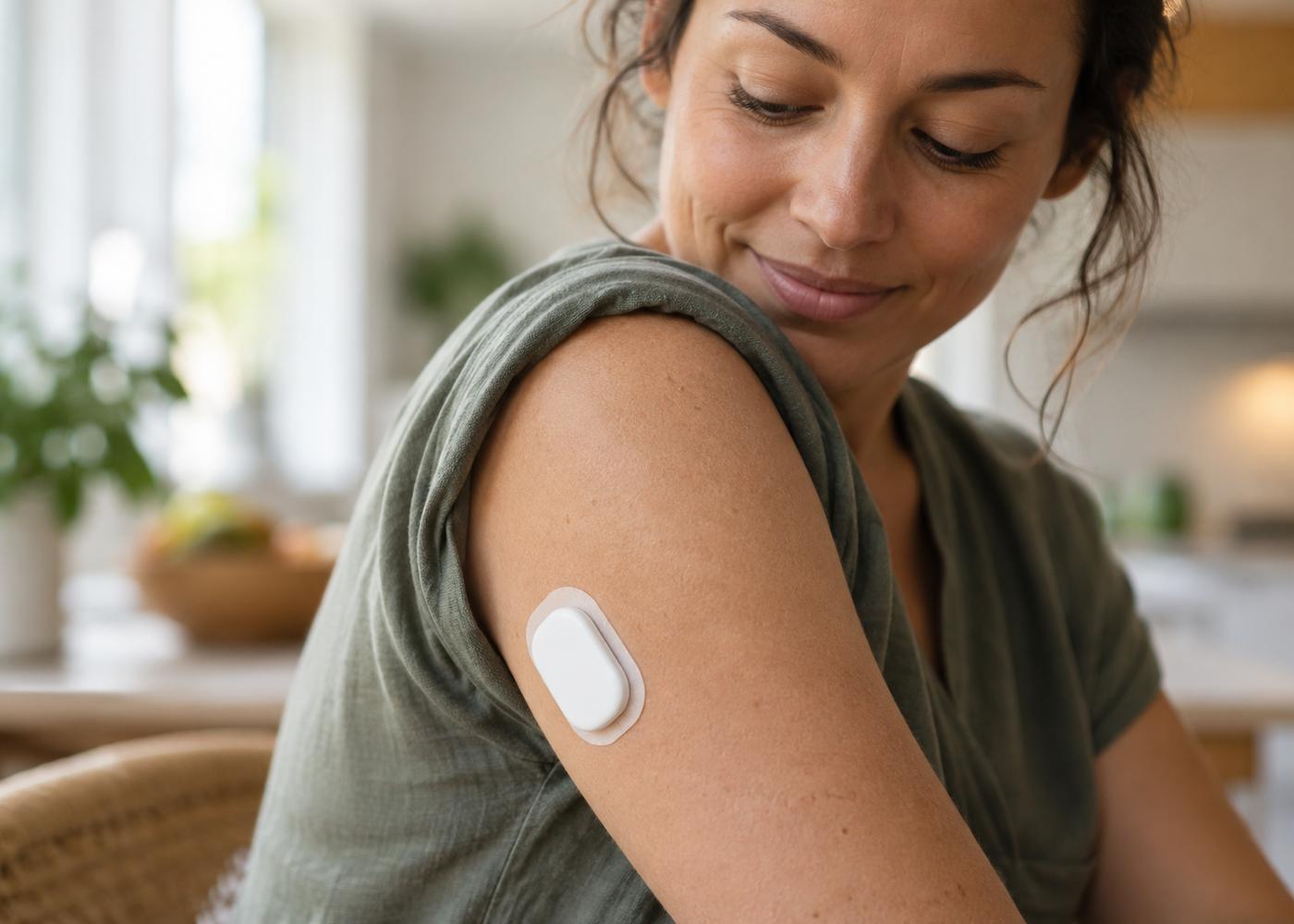 A close view of a small white sensor patch on a person's upper arm, sleeve rolled up, in daylight
