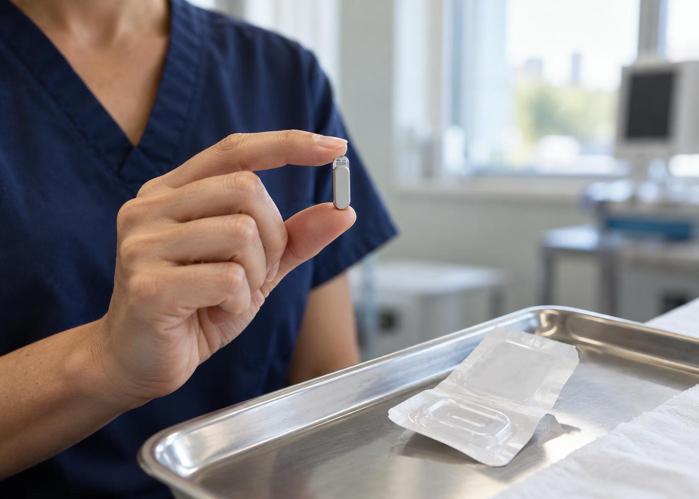 A clinician holding a small slim implantable monitor between thumb and finger beside its sterile packaging
