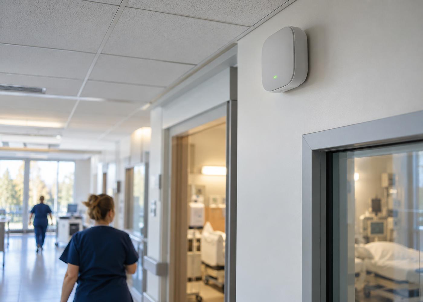 A small gray gateway unit mounted high on a hospital corridor wall near a ceiling tile, soft daylight