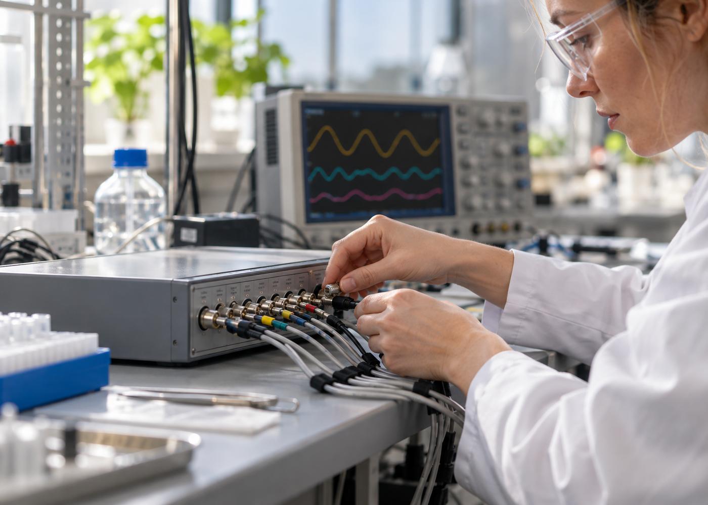 A tidy laboratory bench with a gray multi-channel acquisition unit, leads neatly routed, a researcher's hands adjusting a connector