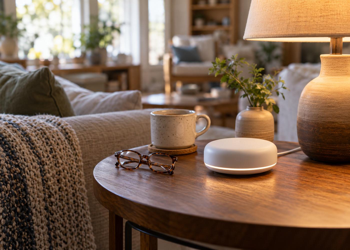 A small rounded hub on a wooden side table in a living room, next to a lamp and a pair of reading glasses
