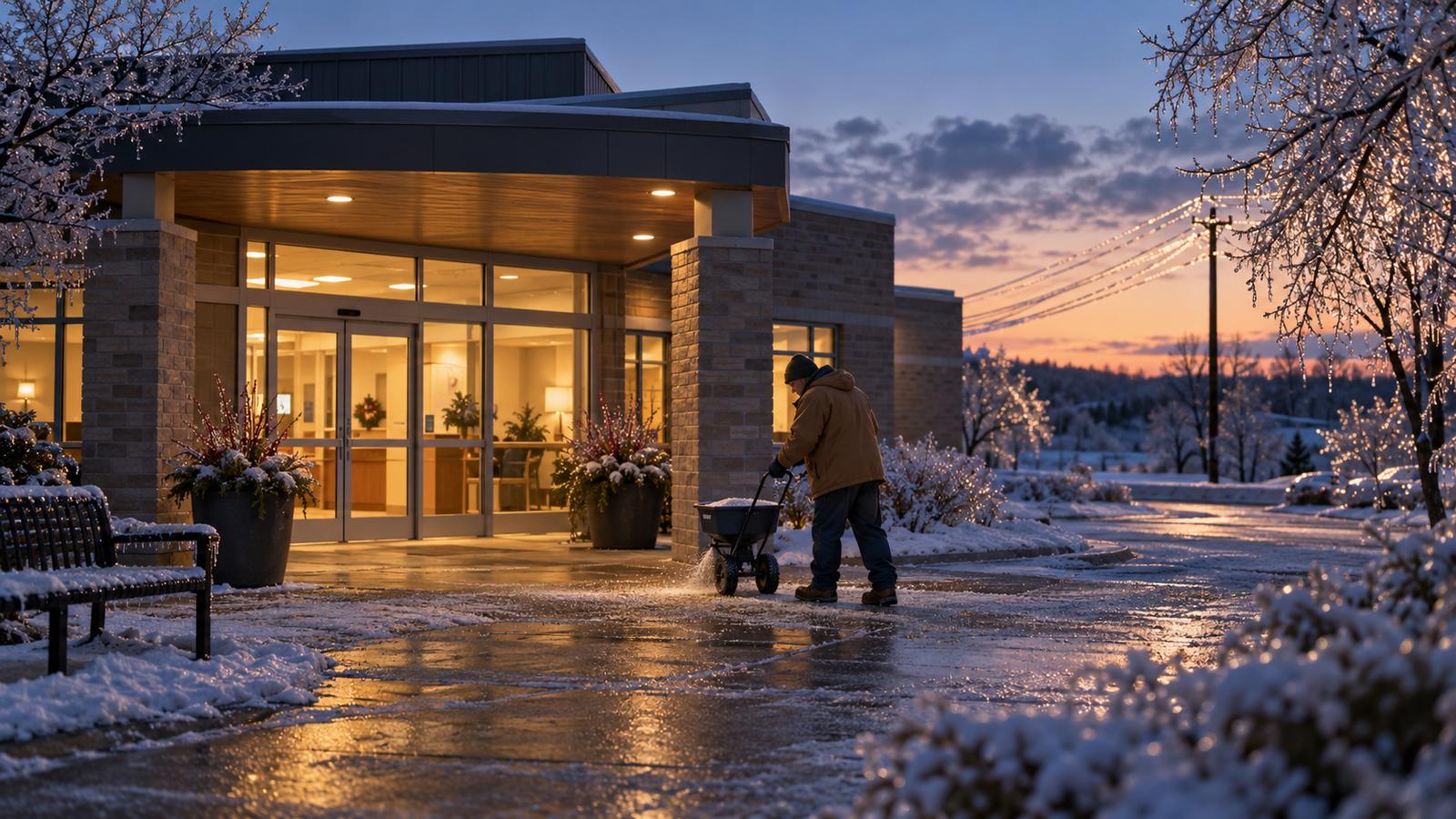 A small rural hospital entrance at dusk after an ice storm, trees coated in ice, warm light inside the doors