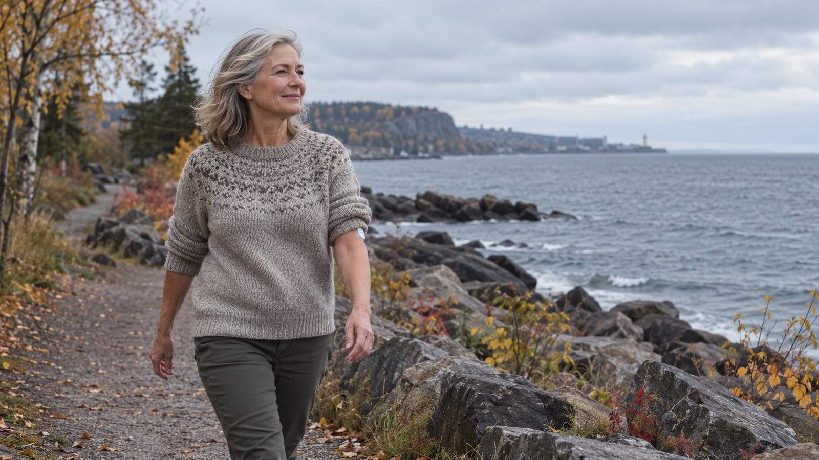 A woman in her early sixties in a knit sweater walking along a lakeside path on a gray autumn morning