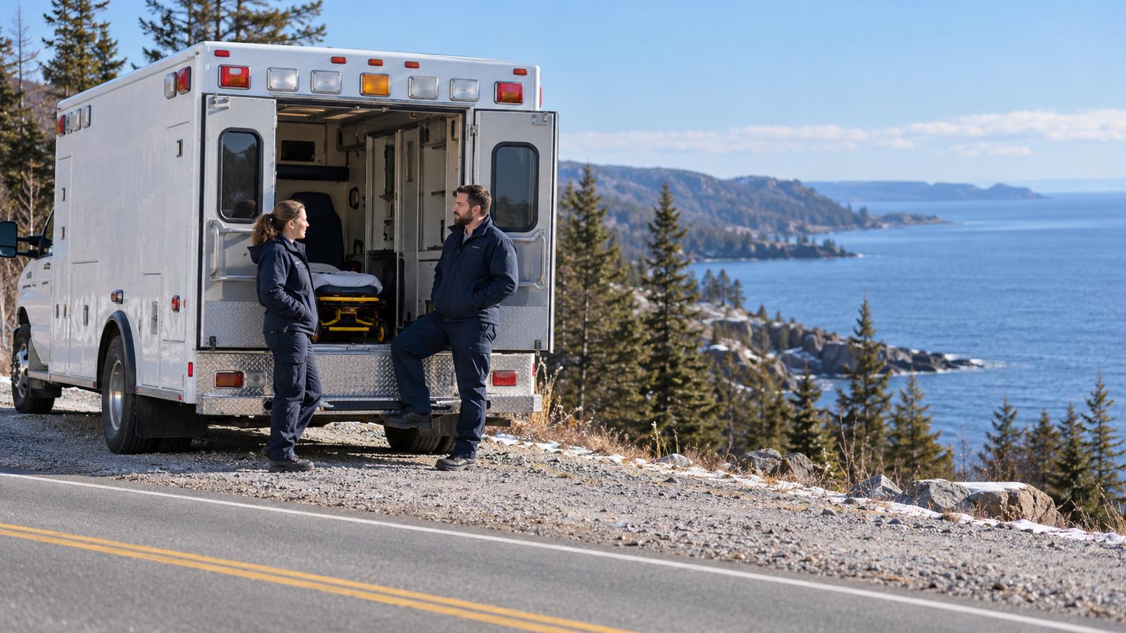 A rural ambulance parked on a gravel shoulder beside a two-lane highway with pine forest and Lake Superior behind it