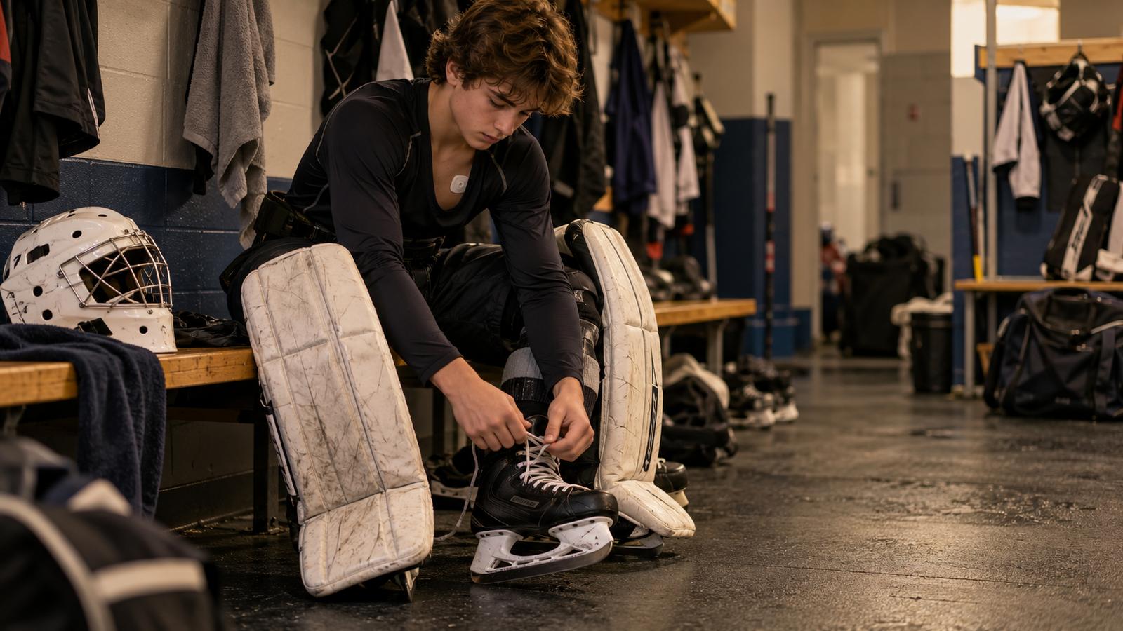 A teenage hockey goalie sitting on a locker room bench, helmet beside him, lacing his skates